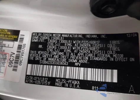 2005 Toyota Sienna Xle Limited из США, поврежденный, VIN 5TDBA22C65S036563